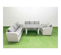 Fimous Rattan Garden Furniture Dining Set 7-seater Patio Rectangular Table Sofa Set with 2 Side Tables Light Grey