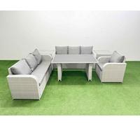 Fimous Rattan Garden Furniture Dining Set 7-Seater Patio Rectangular Table Sofa Set With 2 Side Tables Light Grey