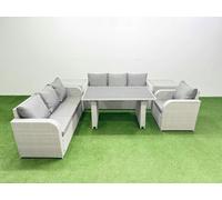 Fimous Rattan Garden Furniture Dining Set 7 seater Patio Rectangular Table Sofa Set with 2 Side Tables Light Grey