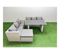 Fimous Rattan Garden Furniture Dining Set 7-Seater Patio Rectangular Table Sofa Set With Big Stool Light Grey