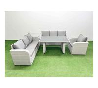 Fimous Rattan Garden Furniture Dining Set 7-seater Patio Rectangular Table Sofa Set with Side Table Light Grey