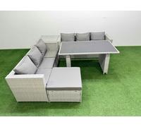 Fimous Rattan Garden Furniture Dining Set 7 seater Patio Rectangular Table Sofa Set with Side Table Big Stool Light Grey