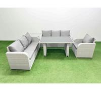 Fimous Rattan Garden Furniture Dining Set 7-Seater Patio Rectangular Table Sofa Set With Side Table Light Grey