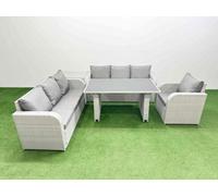Fimous Rattan Garden Furniture Dining Set 7 seater Patio Rectangular Table Sofa Set with Side Table Light Grey