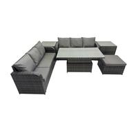 FIMOUS Rattan Garden Dining Set 7-Seater - Adjustable Rising Table, Sofa & 2 Side Tables, Dark Grey