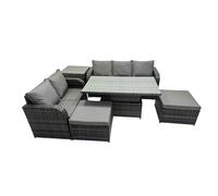 Fimous Rattan Garden Furniture Dining Set 7 seater Patio Height Adjustable Rising Lifting Table Sofa Set with Side Table Dark Grey Mixed