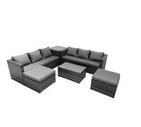 Fimous Rattan Garden Furniture Dining Set 8-Seater Patio Coffee Table Sofa Set With Side Table 2 Big Footstools Dark Grey Mixed