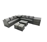 Fimous Rattan Garden Furniture Dining Set 8 seater Patio Coffee Table Sofa Set with Side Table 2 Small Footstools Dark Grey Mixed