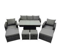 Fimous Rattan Garden Furniture Dining Set 8 seater Patio Height Adjustable Rising Lifting Table Sofa Set with 4 Footstools Dark Grey Mixed