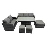 Fimous Rattan Garden Furniture Dining Set 8 seater Patio Height Adjustable Rising Lifting Table Sofa Set with 3 Footstools Dark Grey Mixed