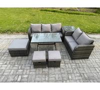 Fimous Rattan Garden Furniture Dining Set 8 seater Patio Rectangular Table 3 Footstools Love Sofa Side Table Dark Grey Mixed