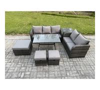 Fimous Rattan Garden Furniture Dining Set 8 seater Patio Rectangular Table 3 Footstools Love Sofa Side Table Dark Grey Mixed