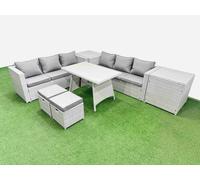 Fimous Rattan Garden Furniture Dining Set 8 seater Patio Rectangular Table 3 Seater Sofa Set with 2 Side Tables 2 Small Stools Light Grey