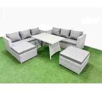 Fimous Rattan Garden Furniture Dining Set 8 seater Patio Rectangular Table 3 Seater Sofa Set with 2 Big Stools Light Grey