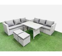 Fimous Rattan Garden Furniture Dining Set 8-Seater Patio Rectangular Table 3 Seater Sofa Set With 2 Small Stools Light Grey