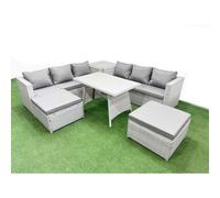 Fimous Rattan Garden Furniture Dining Set 8-seater Patio Rectangular Table 3 Seater Sofa Set with Side Table 2 Big Stools Light Grey