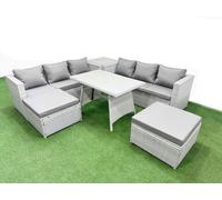 Fimous Rattan Garden Furniture Dining Set 8 seater Patio Rectangular Table 3 Seater Sofa Set with Side Table 2 Big Stools Light Grey