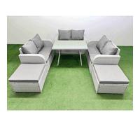Fimous Rattan Garden Furniture Dining Set 8 seater Patio Rectangular Table Love Sofa Set with 2 Big Stools