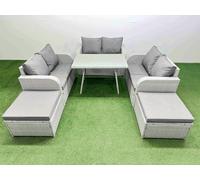 Fimous Rattan Garden Furniture Dining Set 8-seater Patio Rectangular Table Love Sofa Set with 2 Big Stools