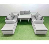 Fimous Rattan Garden Furniture Dining Set 8-Seater Patio Rectangular Table Love Sofa Set With 2 Side Tables 2 Big Stools