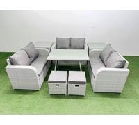 Fimous Rattan Garden Furniture Dining Set 8 seater Patio Rectangular Table Love Sofa Set with 2 Side Tables 2 Small Stools