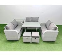 Fimous Rattan Garden Furniture Dining Set 8-seater Patio Rectangular Table Love Sofa Set with Side Table 2 Small Stools