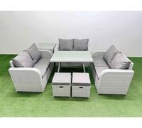 Fimous Rattan Garden Furniture Dining Set 8-Seater Patio Rectangular Table Love Sofa Set With Side Table 2 Small Stools