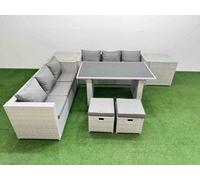 Fimous Rattan Garden Furniture Dining Set 8-Seater Patio Rectangular Table Sofa Set With 2 Side Tables 2 Small Stools Light Grey