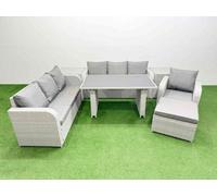 Fimous Rattan Garden Furniture Dining Set 8-Seater Patio Rectangular Table Sofa Set With 2 Side Tables Big Stool Light Grey