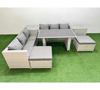 Fimous Rattan Garden Furniture Dining Set 8 seater Patio Rectangular Table Sofa Set with 2 Side Tables 2 Big Stools Light Grey