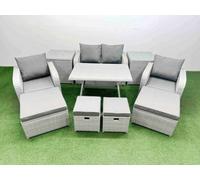 Fimous Rattan Garden Furniture Dining Set 8-Seater Patio Rectangular Table Sofa Set With 2 Side Tables 4 Stools Light Grey