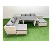 Fimous Rattan Garden Furniture Dining Set 8-seater Patio Rectangular Table Sofa Set with 2 Side Tables 2 Big Stools Light Grey