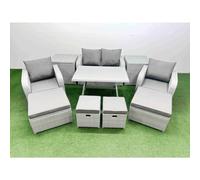 Fimous Rattan Garden Furniture Dining Set 8-seater Patio Rectangular Table Sofa Set with 2 Side Tables 4 Stools Light Grey