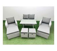 Fimous Rattan Garden Furniture Dining Set 8-seater Patio Rectangular Table Sofa Set with 4 Stools Light Grey