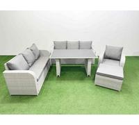 Fimous Rattan Garden Furniture Dining Set 8-Seater Patio Rectangular Table Sofa Set With Big Stool Light Grey