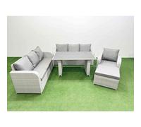 Fimous Rattan Garden Furniture Dining Set 8-seater Patio Rectangular Table Sofa Set with Big Stool Light Grey
