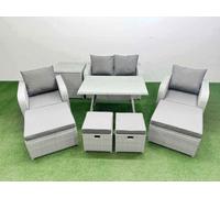 Fimous Rattan Garden Furniture Dining Set 8 seater Patio Rectangular Table Sofa Set with Side Table 4 Stools Light Grey