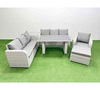 Fimous Rattan Garden Furniture Dining Set 8-Seater Patio Rectangular Table Sofa Set With Side Table Big Stool Light Grey