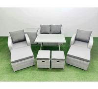 Fimous Rattan Garden Furniture Dining Set 8 seater Patio Rectangular Table Sofa Set with Side Table 4 Stools Light Grey