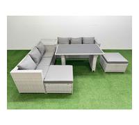 Fimous Rattan Garden Furniture Dining Set 8-seater Patio Rectangular Table Sofa Set with Side Table 2 Big Stools Light Grey