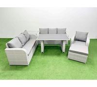 Fimous Rattan Garden Furniture Dining Set 8 seater Patio Rectangular Table Sofa Set with Side Table Big Stool Light Grey