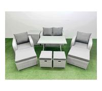 Fimous Rattan Garden Furniture Dining Set 8-seater Patio Rectangular Table Sofa Set with Side Table 4 Stools Light Grey