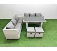 Fimous Rattan Garden Furniture Dining Set 8-Seater Patio Rectangular Table Sofa Set With Side Table 2 Small Stools Light Grey