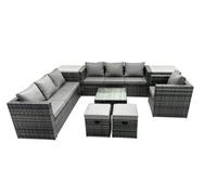 Fimous Rattan Garden Furniture Dining Set 9-Seater Patio Coffee Table Sofa Set With 2 Side Tables 2 Small Stools Dark Grey Mixed