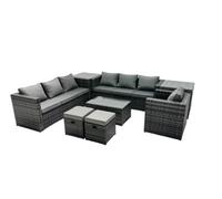 Fimous Rattan Garden Furniture Dining Set 9-Seater Patio Coffee Table Sofa Set With 2 Small Stools 2 Side Tables Dark Grey Mixed