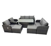 FIMOUS Rattan Garden Dining Set 9-Seater Adjustable Rising Table 2 Big Footstools Dark Grey