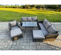 Fimous Rattan Garden Furniture Dining Set 9 seater Patio Rectangular Table 2 Big Footstool Dark Grey Mixed