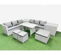 Fimous Rattan Garden Furniture Dining Set 9-seater Patio Rectangular Table 3 Seater Sofa Set with 2 Side Tables 3 Stools Light Grey