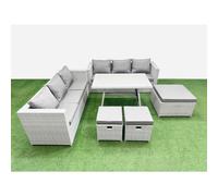 Fimous Rattan Garden Furniture Dining Set 9-seater Patio Rectangular Table 3 Seater Sofa Set with 3 Stools Light Grey
