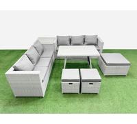Fimous Rattan Garden Furniture Dining Set 9-seater Patio Rectangular Table 3 Seater Sofa Set with Side Table 3 Stools Light Grey